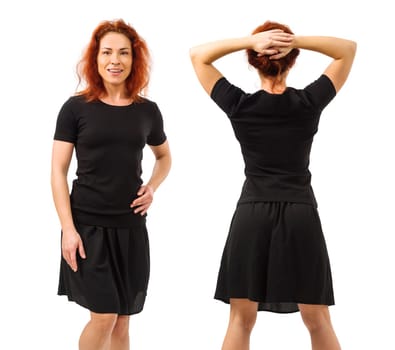 Young beautiful redhead woman with blank black shirt and black skirt, front and back. Ready for your design or artwork.