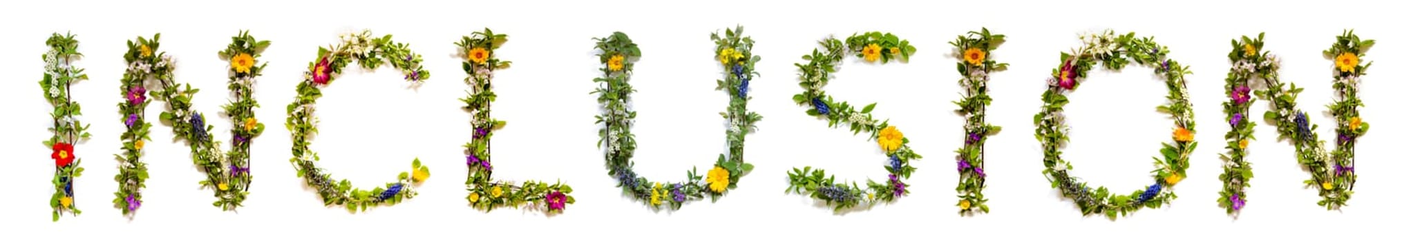Blooming Flower Letters Building English Word Inclusion. Summer And Spring Season Blossoms And Flower Lei.