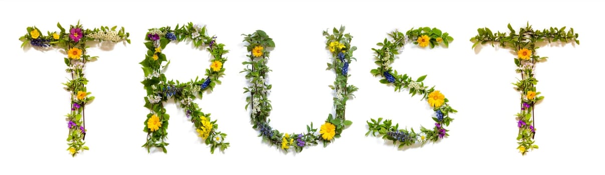 Blooming Flower Letters Building English Word Trust. Summer And Spring Season Blossoms And Flower Lei.