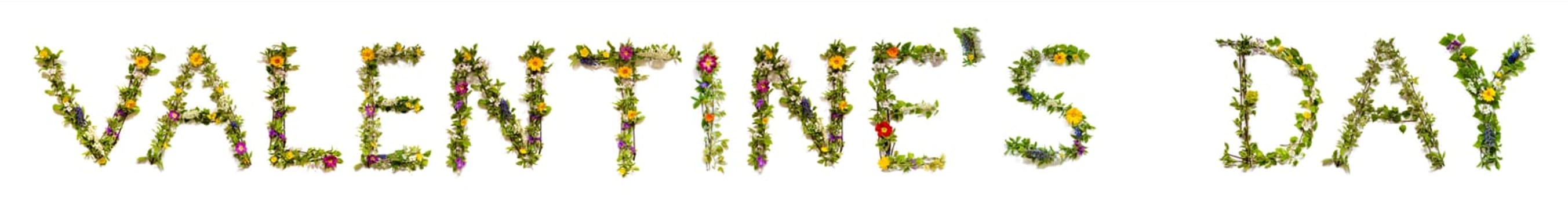 Blooming Flower Letters Building English Text Valentines Day. Summer And Spring Season Blossoms And Flower Lei.