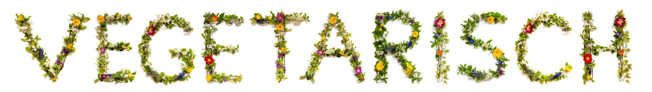 Blooming Flower Letters Building German Word Vegetarisch Means Vegetarian. Summer And Spring Season Blossoms And Flower Lei.