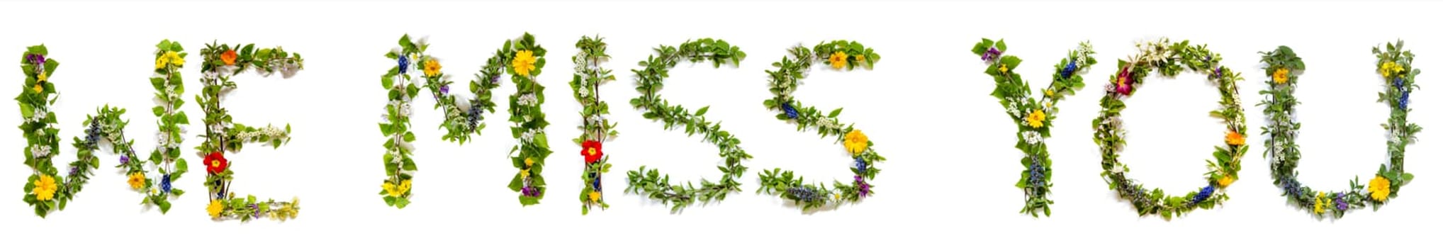 Blooming Flower Letters Building English Text We Miss You. Summer And Spring Season Blossoms And Flower Lei.