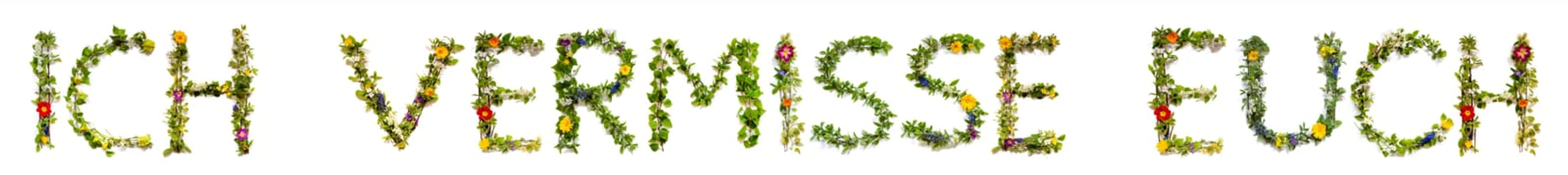 Blooming Flower Letters Building German Text Ich Vermisse Euch Means I Miss You. Summer And Spring Season Blossoms And Flower Lei.