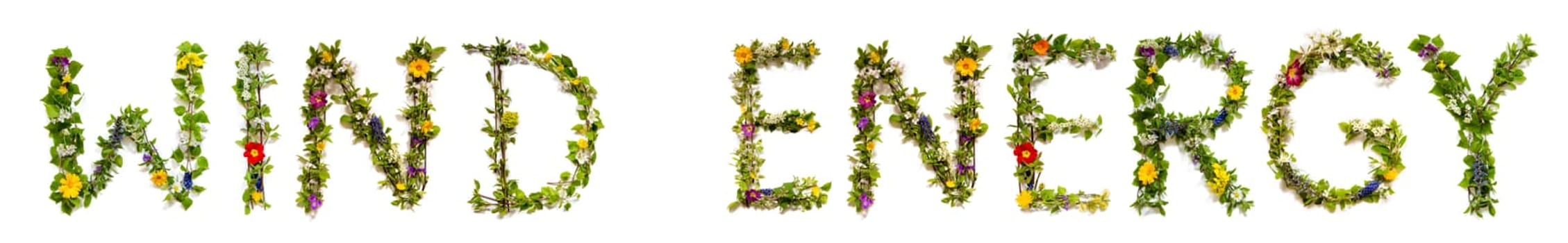 Blooming Flower Letters Building English Text Wind Energy. Summer And Spring Season Blossoms And Flower Lei.