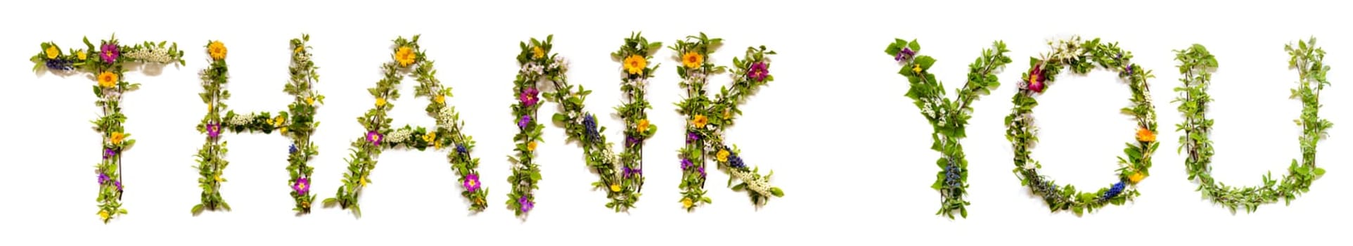 Blooming Flower Letters Building English Text Thank You. Summer And Spring Season Blossoms And Flower Lei.
