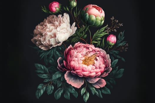Bouquet of peony flowers on dark background. Generative AI