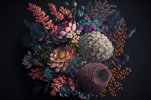 Bouquet of flowers on dark background. Generative AI