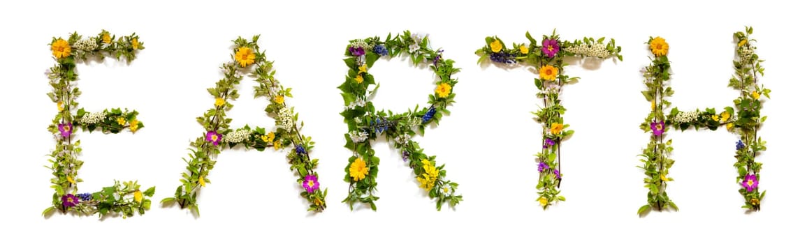 Blooming Flower Letters Building English Word Earth. Summer And Spring Season Blossoms And Flower Lei.