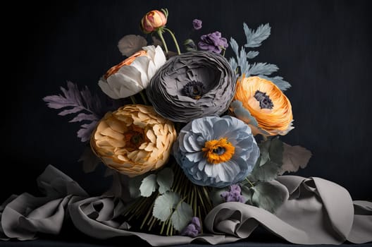 Bouquet of paper flowers on dark background. Generative AI