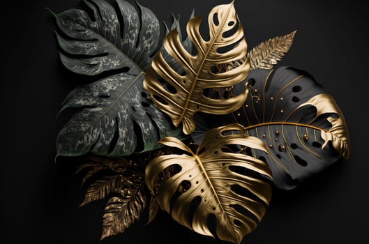 Black and golden tropical leaves on dark background. Generative AI