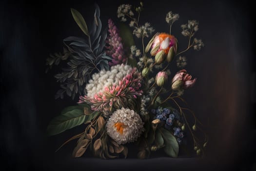 Bouquet of flowers with eucalyptus on dark background. Generative AI
