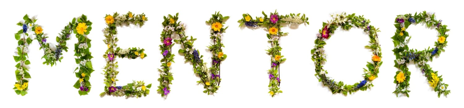 Blooming Flower Letters Building English Word Mentor. Summer And Spring Season Blossoms And Flower Lei.