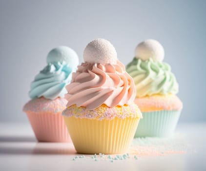 Pastel colored cupcakes with round candy on top on a table. Generative AI