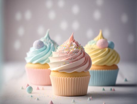 Pastel colored cupcakes on a table. Generative AI