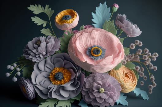 Bouquet of paper flowers on dark background. Generative AI
