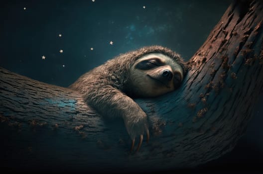 Cute sloth sleeping and dreaming on a trunk at night. Depth of field. Generative AI
