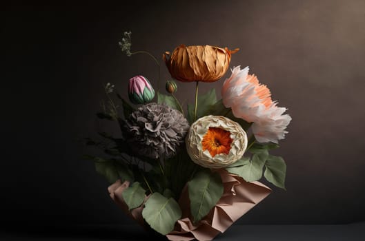 Bouquet of paper flowers on dark background. Generative AI