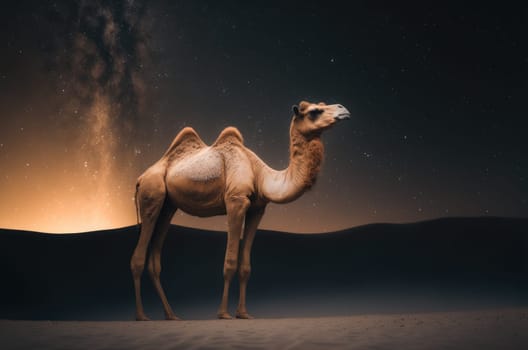 Camel in the desert at night. Generative AI