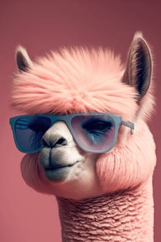 Pink alpaca wearing turquoise sunglasses on pink background. Generative AI