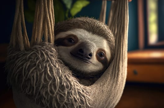 Cute sloth resting in a hammock. Its eyes are open. Depth of field. Generative AI