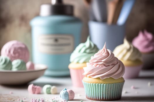Pastel colored cupcakes on a table. Generative AI