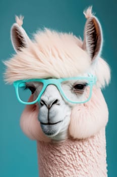 Pink alpaca wearing turquoise sunglasses on pink background. Generative AI