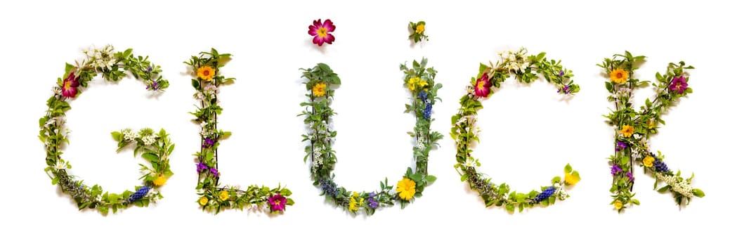 Blooming Flower Letters Building German Word Glueck Means Luck. Summer And Spring Season Blossoms And Flower Lei.