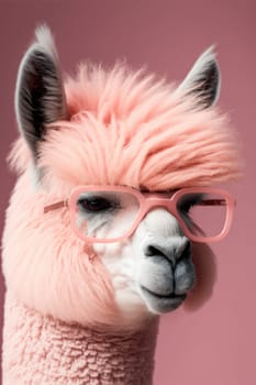 Pink alpaca wearing pink sunglasses on pink background. Generative AI