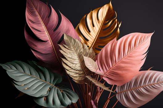 Pink, green and golden tropical leaves on dark background. Generative AI