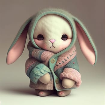 Cute easter bunny or rabbit with clothes, pastel color, spring holiday greeting card, fairy tale character, love and emotion, generative AI