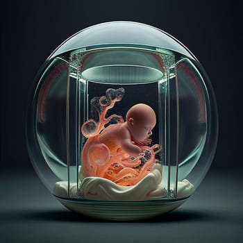 Fetus develops inside an artificial uterus, baby in the womb, nurture embryo through placenta and ambilical cord, future science and medicine, ecto uterine pregnancy, generative ai