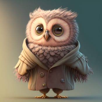 Cute baby owl with clothes, pastel color, animal greeting card for valentines day, fairy tale character, love and emotion, generative AI