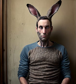 Surreal Mammalian Hybrids creature, half man, half rabbit in mythologie wearing a shirt, easter bunny, illustration, generative AI
