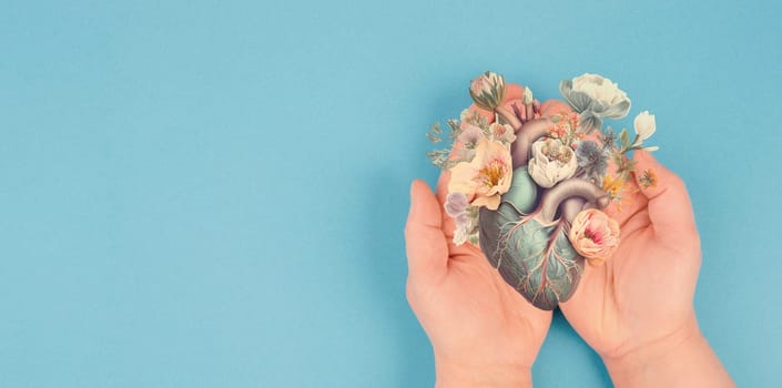 Hands holding human heart with flowers, love and emotion concept, good hearted person, help and charity, generative AI used for heart