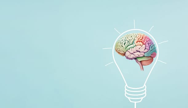 Idea in progress, light bulb with human colorful brain, development and growth concept, brainstorming for solutions, generative AI brain