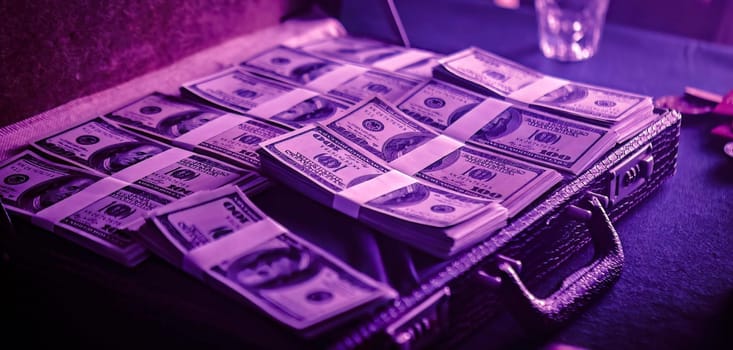 Hands of a man placing stacks of US dollars into a black briefcase. Preparing for a poker game and the money is his bankroll. The money is neatly arranged and organized in the briefcase.