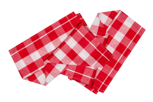 Closeup of a red and white checkered napkin or tablecloth texture isolated on white background. Clipping path. Kitchen accessories.