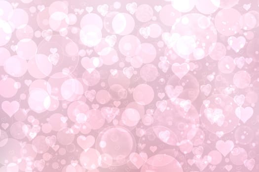 Abstract festive blur light pink pastel background with white pink hearts inside love bokeh for wedding card or Valentine day.  Romantic textured backdrop with space for your design. Card concept.