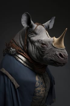 Rhinoceros dressed up in historical costume against dark background. Generative AI