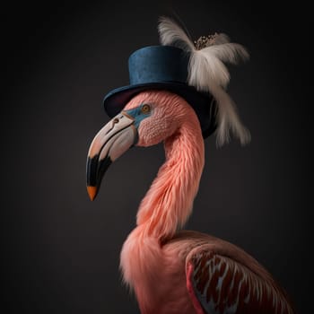 Flamingo dressed up in historical costume against dark background. Generative AI
