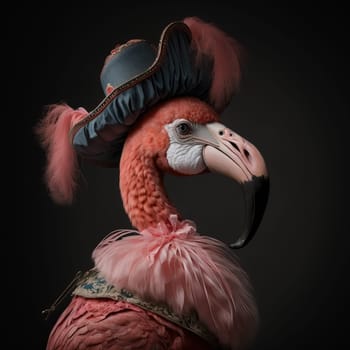 Flamingo dressed up in historical costume against dark background. Generative AI