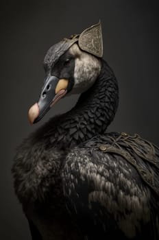 Black swan dressed up in historical costume against dark background. Generative AI