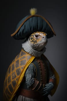 Turtle dressed up in historical costume against dark background. Generative AI