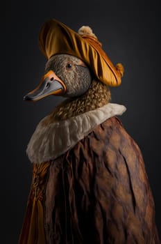 Duck dressed up in historical costume against dark background. Generative AI