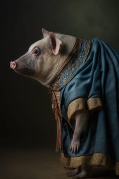 Pig dressed up in historical costume against dark background. Generative AI