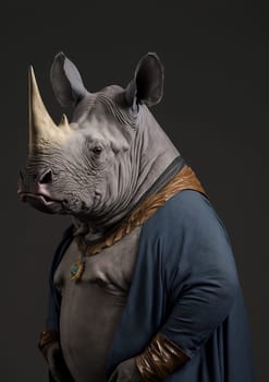 Rhinoceros dressed up in historical costume against dark background. Generative AI