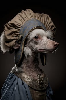 Chinese crested dog dressed up in historical costume against dark background. Generative AI