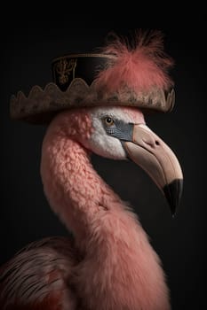 Flamingo dressed up in historical costume against dark background. Generative AI
