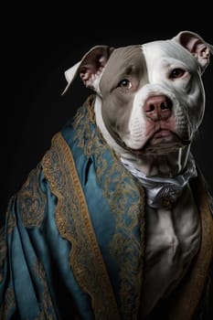 Pit bull dog dressed up in historical costume against dark background. Generative AI