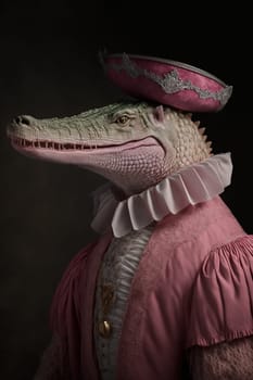 Crocodile dressed up in historical costume against dark background. Generative AI
